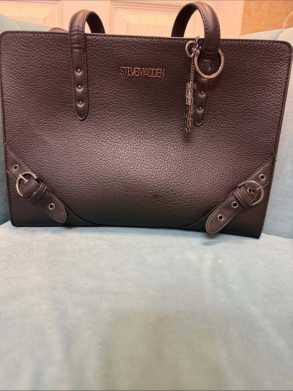 Steve Madden Black Pebbled Leather Satchel with Logo Charm